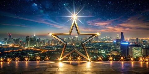 Night Photography of a Flat Star Symbol Over a City Skyline with Glowing Lights and a Dark Sky