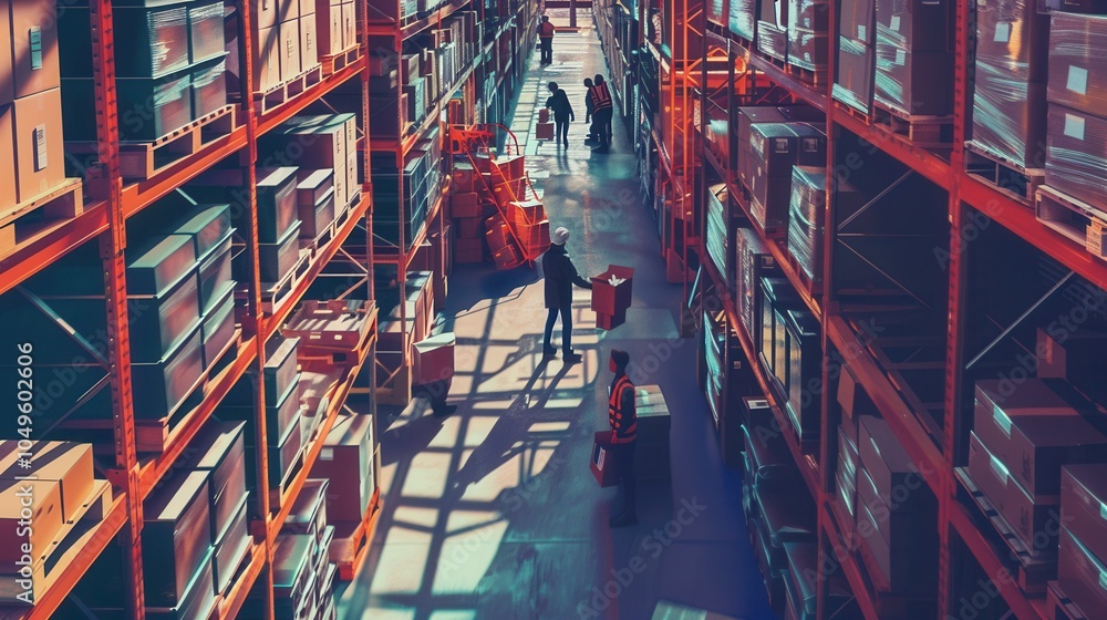 Poster workers actively move boxes and pallets in a large warehouse, surrounded by neatly arranged shelves 