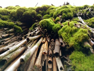 The old reed roof is covered with a thick layer of green moss. Natural backgrounds and textures.