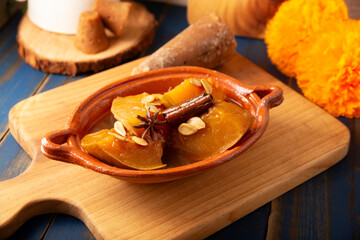 Calabaza en Tacha. Spiced Candied Pumpkin. Mexican dessert whose main ingredients are pumpkin and piloncillo, also known as Chacualole or Calabaza en dulce, widely used in Day of the Dead offerings.