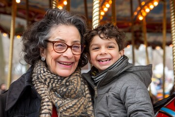 Obraz premium A heartwarming capture of a grandmother and son sharing joy on a carousel amidst colorful lights