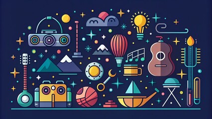 Obraz premium Night Photography of Hobby and Lifestyle Line Icons Collection in Flat Design for UI Use