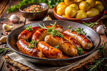 Night Photography of Homemade Sausages on Potatoes Ready for Cooking