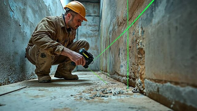 Using a laser level meter that projects green lines onto the cement walls of the construction site, the worker inspector verifies the floor level.