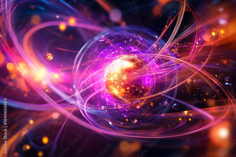 Aufkleber a vivid quantum computing scene with glowing particles and energy in a dark cosmic backdrop