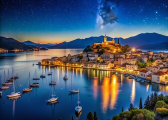 Obraz premium Night Photography of Poros Island and Galatas Town with Seaside Sailing Boats on Blue Sea