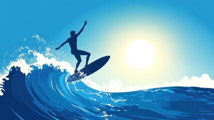 Silhouette of surfer on surfboard in summer waves, bright sun, wide ocean view, capturing freedom and adventure