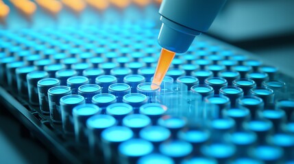 A robotic system sorting bio samples for analysis, cold blue lighting, overhead shot