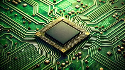 Closeup of Microchip on Green Circuit Board - Minimalist Photography of Technology, Electronics, Hardware, Microelectronics, Computer Components, Innovation, Engineering