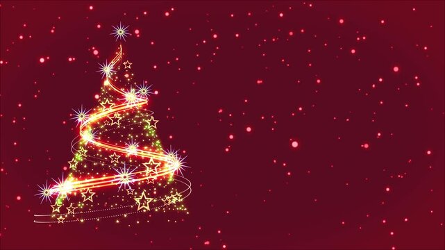  An abstract Golden Christmas tree on a dark red looping 3d rendering background with copy space and glitter golden particle