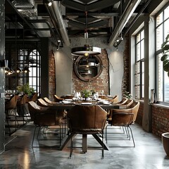 Fototapeta premium Experience the cozy charm of a café and bistro, where aromatic coffee and delicious pastries await, render of an office interior designed in loft industrial style, an empty café with stools and chairs
