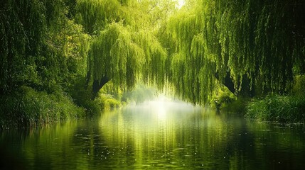 Obraz premium Serene River Scene with Lush Willows