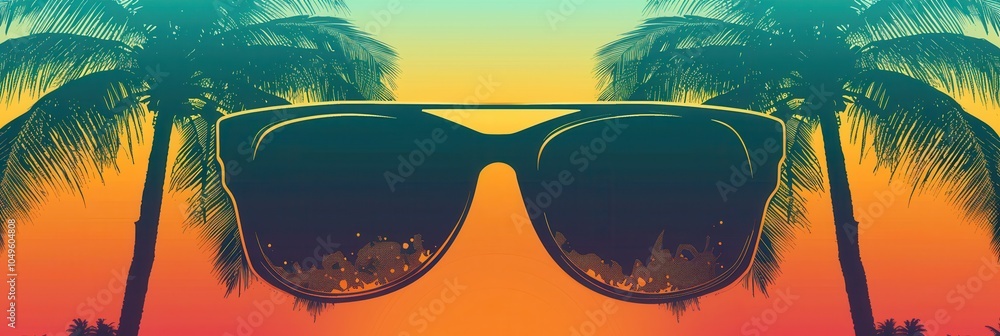 Poster silhouette of sunglasses against a colorful sunset sky, featuring palm trees and a relaxed beach atm