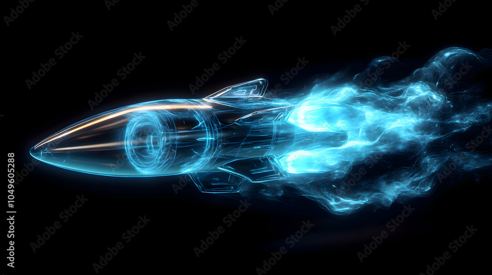 Poster futuristic 3d rocket with neon blue flames in a dynamic sci-fi setting