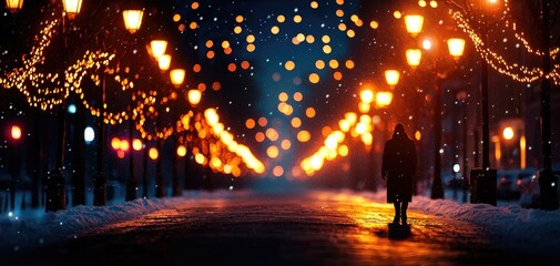 Obraz premium Winter night with glowing street lamps, snow-covered cobblestone streets, festive atmosphere