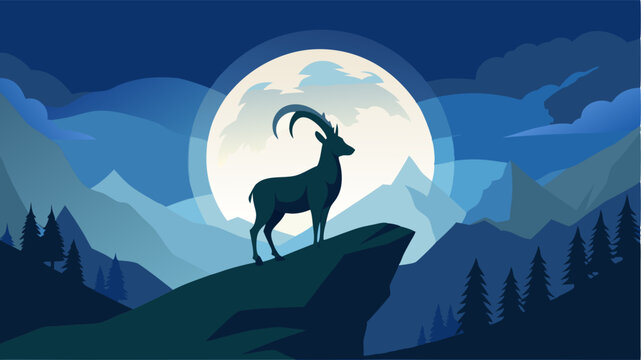 Silhouette alphine ibex stay on top rock with big blue moon night time background