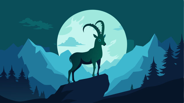 Silhouette alphine ibex stay on top rock with big blue moon night time background