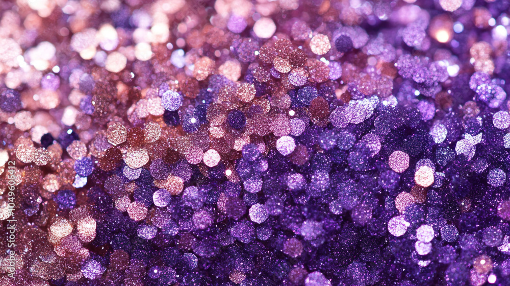 Poster sparkling display of purple and rose shimmering glitters on a surface illuminated by soft light