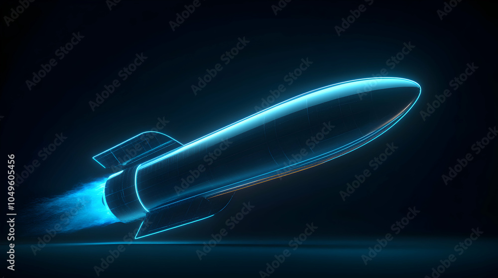 Poster minimalist 3d model of a space rocket with neon glow against a dark background