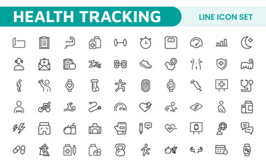 Health Tracking Icon Set. Clean and modern icons for fitness, wellness, and medical apps, perfect for tracking workouts, nutrition, vitals, and overall well-being in a user-friendly way.
