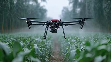 A drone farming system, spraying crops with precision from the air