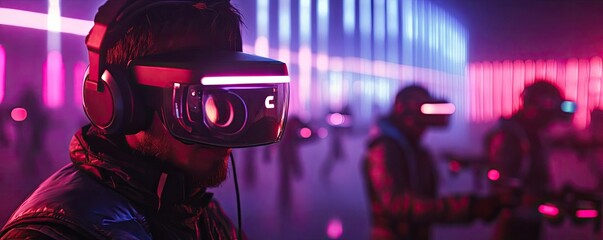 A drone racing event, with participants piloting drones through neon-lit obstacle courses