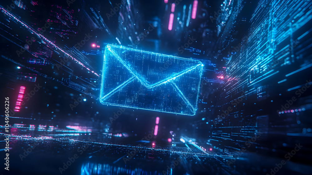 Poster digital email concept with neon effects and data stream