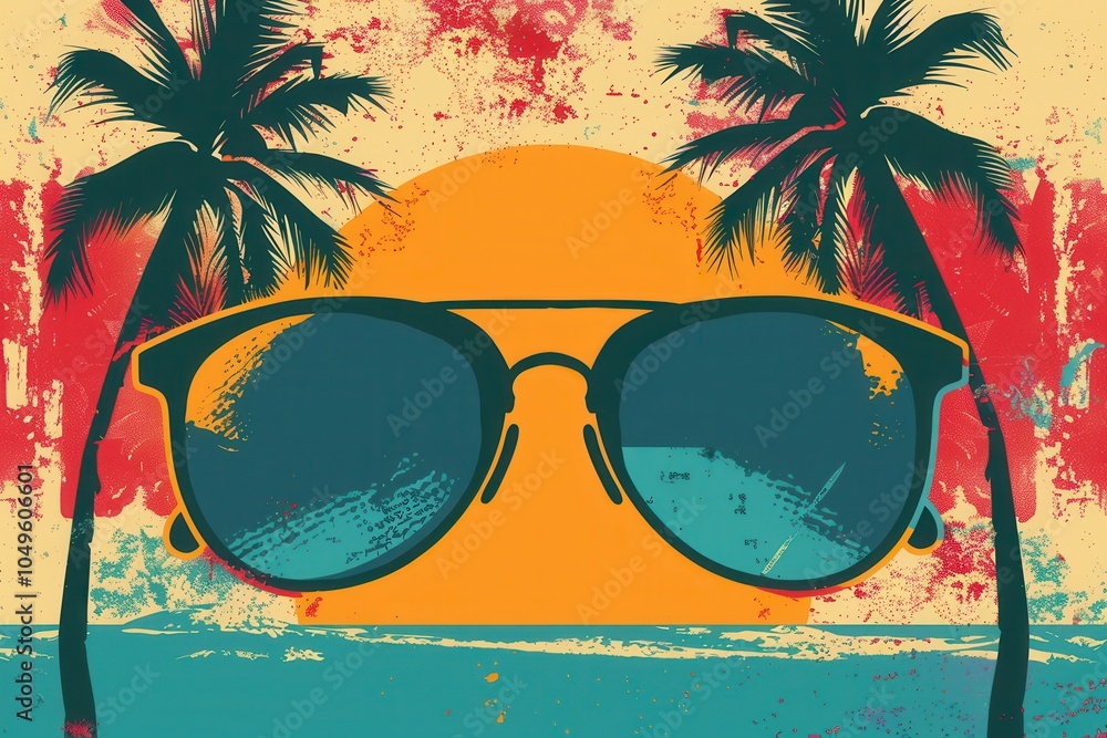Poster a striking silhouette of sunglasses rests against a colorful beach scene with palm trees, capturing 