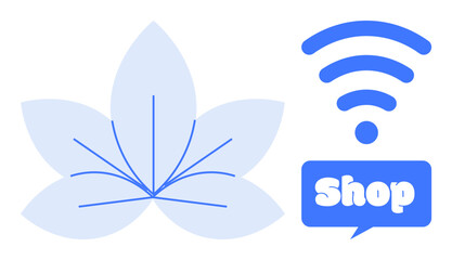 Wireless signal and floral graphic next to a shopping text balloon. Ideal for digital retail, online shopping, wireless technology, e-commerce themes, and modern design concepts