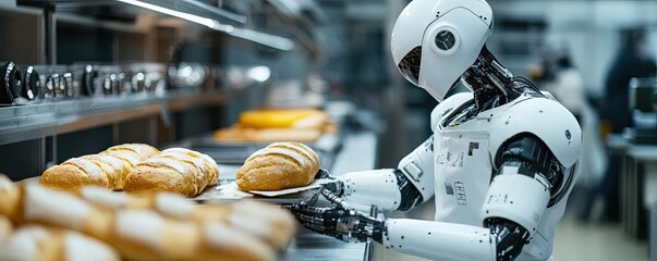 A robot chef baking bread, with precision and efficiency in a high-tech kitchen