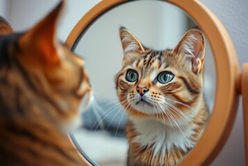 Cat Staring into a Mirror A cat staring at its own reflection in