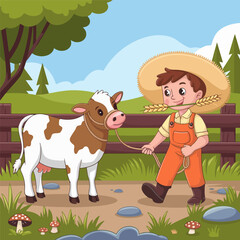 Boy leading a cow on a scenic farm path.