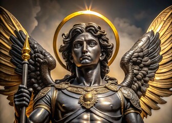 Obraz premium Realistic Saint Michael Statue in Black Glossy Marble with Golden Halo – Stunning Detail for Documentary Photography