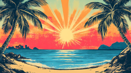 Pop art comic vintage tropical beach palm and sun landscapes poster background. Pop Art Comic. Illustration