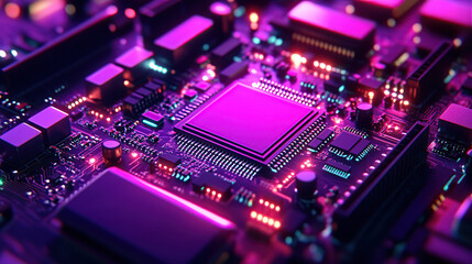 Obraz premium Close-up of a glowing microchip on a circuit board, with a chip in the middle