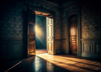 Dark Room with Open Door - Architectural Photography, Interior Design, Minimalism, Shadow Play, Light and Space, Mystery, Depth, Contrast, Doorway, Abandoned 