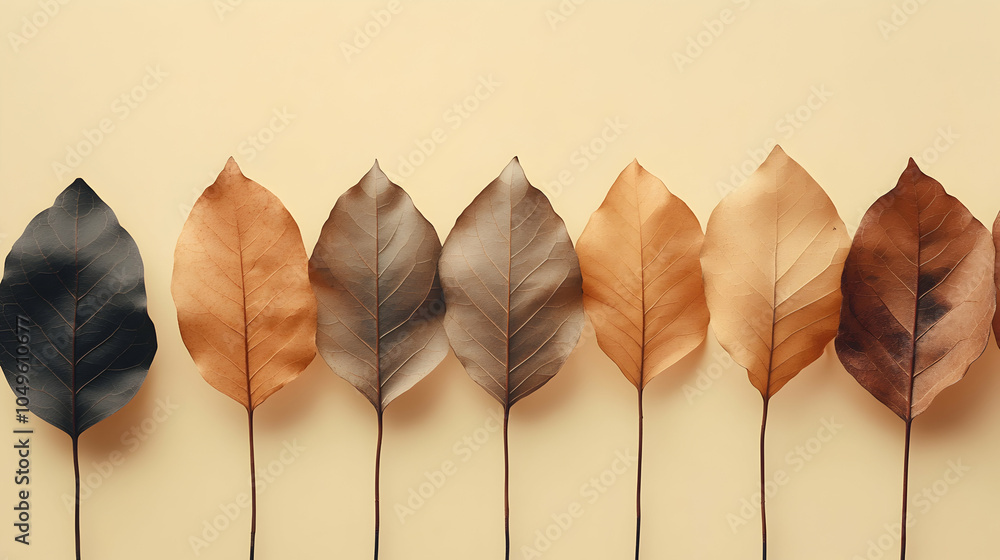 Poster a row of dried leaves in various brown tones displaying natural textures and patterns