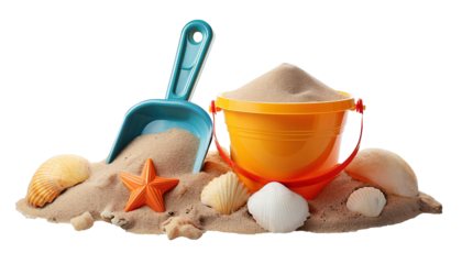 Toy bucket and shovel with sand and seashells for children on summer for clip art and element