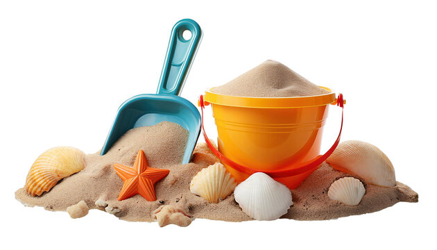 Toy bucket and shovel with sand and seashells for children on summer for clip art and element