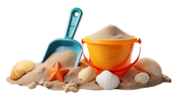 Toy bucket and shovel with sand and seashells for children on summer for clip art and element