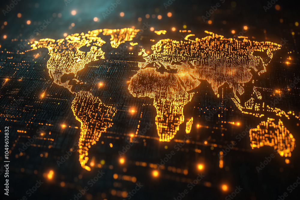 Poster a digital map of the world is formed by bright binary code, creating a futuristic and abstract visua