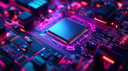 Close-up of a glowing microchip on a circuit board, with a chip in the middle