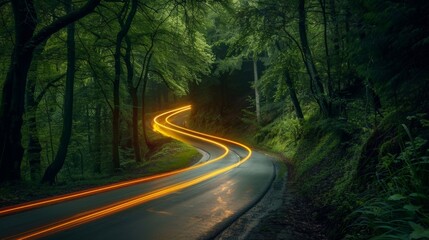 Obraz premium An enchanted forest frames the winding country road with soft light trails from passing vehicles creating a mystical atmosphere in the darkness.