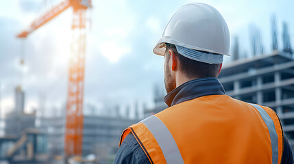The back view of the engineer standing looking at the tower crane in the background. Development of the country's infrastructure concept.