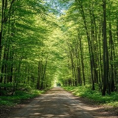 Obraz premium view inside a dense green spring deciduous forest with a deserted dirt road in the center. beautiful woodland landscape. widescreen format