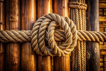 Obraz premium Rope Tied to Bamboo Fence on Wooden Floor - Rustic Nature Decor