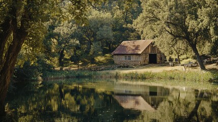 Fototapeta premium Serene Barn by Calm Pond Surrounded by Nature