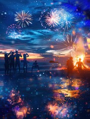 Obraz premium Friends celebrate under colorful fireworks, dancing by a bonfire on the beach as the sun sets in a vibrant display of light. Generative AI