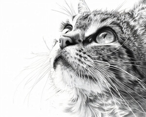 Beautifully detailed pencil sketch cat expressive eyes black white illustration feline look up artwork lover gift animal portrait print,realistic,feline,kitten,closeup,wall art,pet,veterinary,