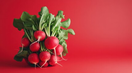 Fresh Red Radishes on Red Background